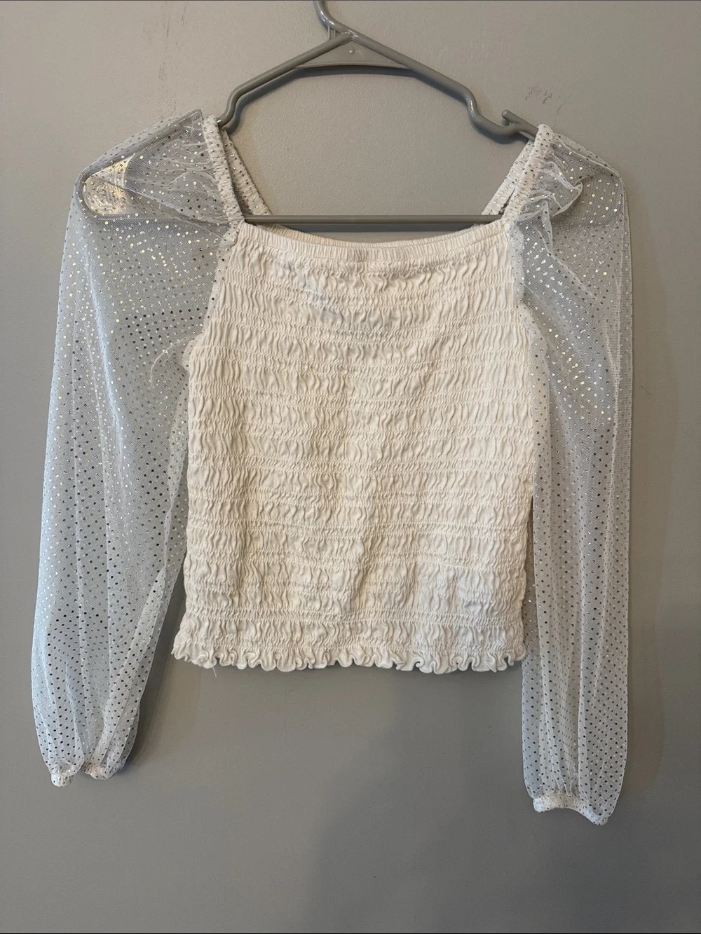 GAP Cream Smocked Top with Sheer Gold Polka-Dot Sleeves